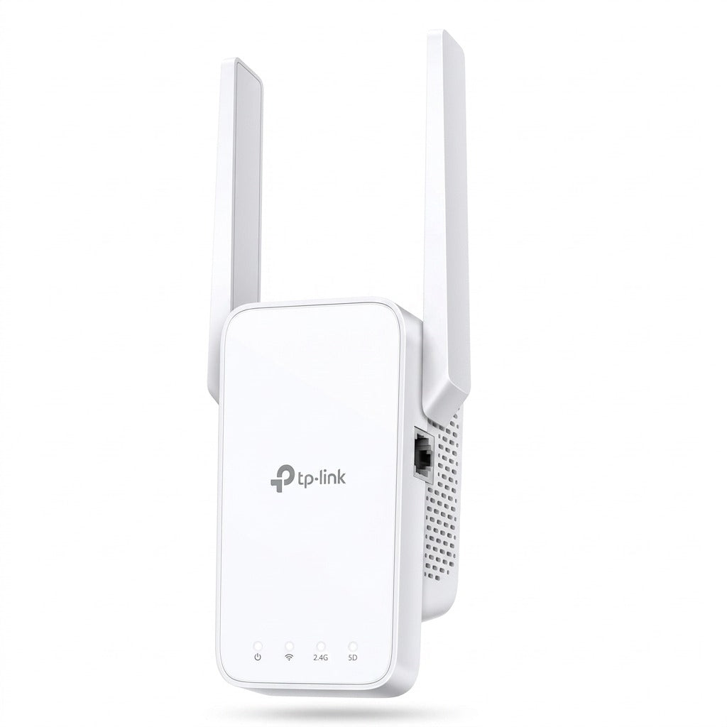 White TP-Link AC1200 Mesh Wi-Fi Range Extender with two external antennas on a white background.