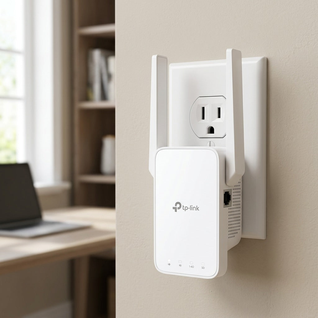 TP-Link RE315 Wi-Fi range extender plugged into a wall outlet, leaving the top socket accessible.