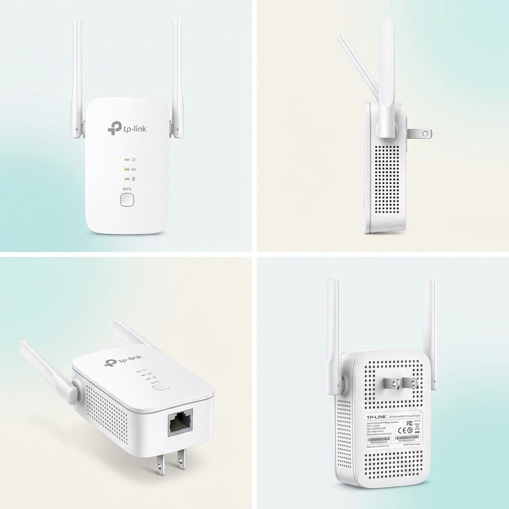 Four views of the white TP-Link AC1200 Wi-Fi range extender showing front, side, port, and plug.
