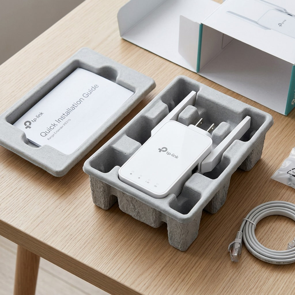 TP-Link AC1200 Wi-Fi extender in protective packaging tray with installation guide and cable on a desk.