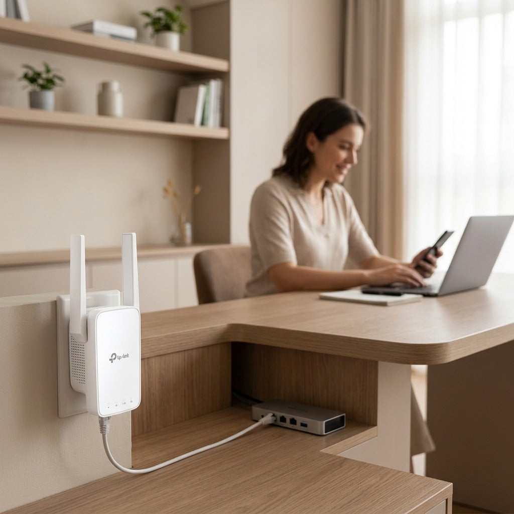 TP-Link AC1200 Wi-Fi range extender plugged into an outlet as a woman works on a laptop in a home office.