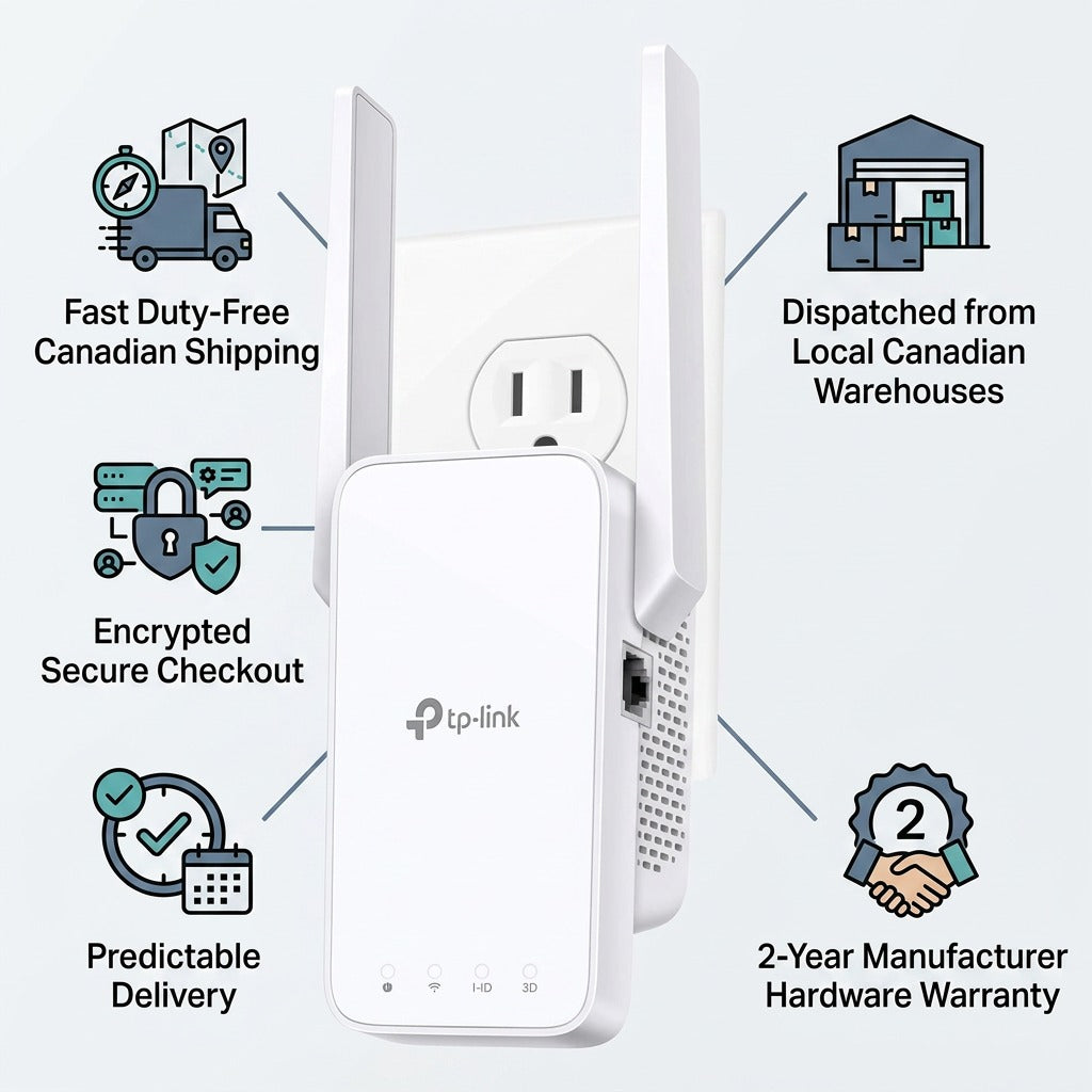TP-Link AC1200 Wi-Fi range extender plugged into an outlet with service and warranty feature icons.
